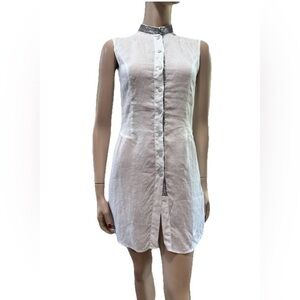 Max Volmáry White Sleeveless Dress Button-Front Linen Tunic with Contrast Trim